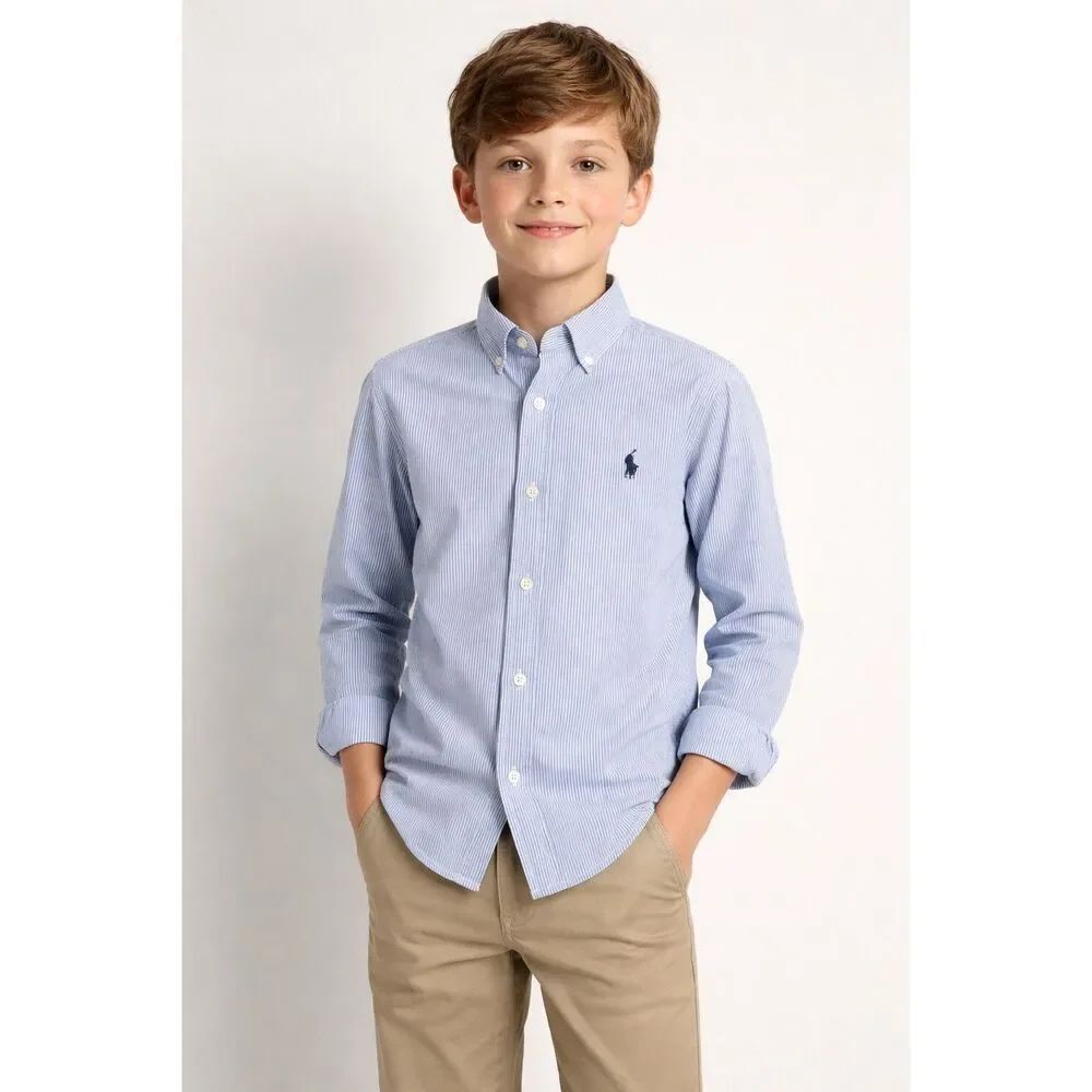 Ralph Lauren Boys Blue Stripe Button Down Shirt Cotton M 10-12
